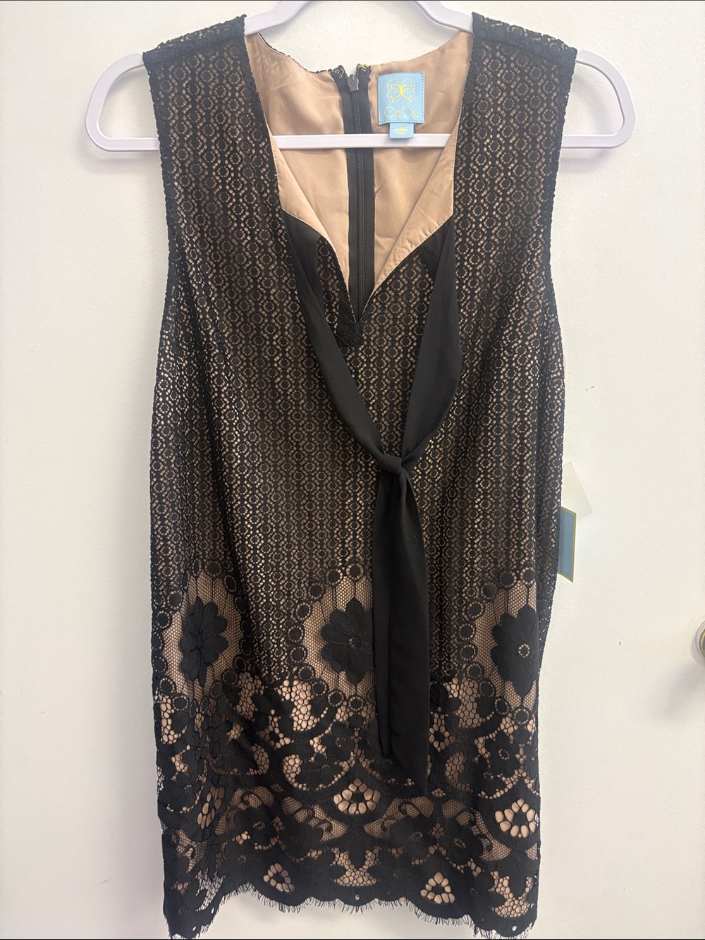 CeCe Black Lace Overlay Nude Slip Dress with Neck Tie Accent
